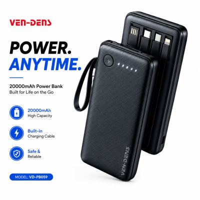 VEN-DENS VD-PB059 20000mAh Power Bank – Portable Charger with Built-in Type-C, Micro & Lightning Cables, LED Indicator & Flight-Friendly Design